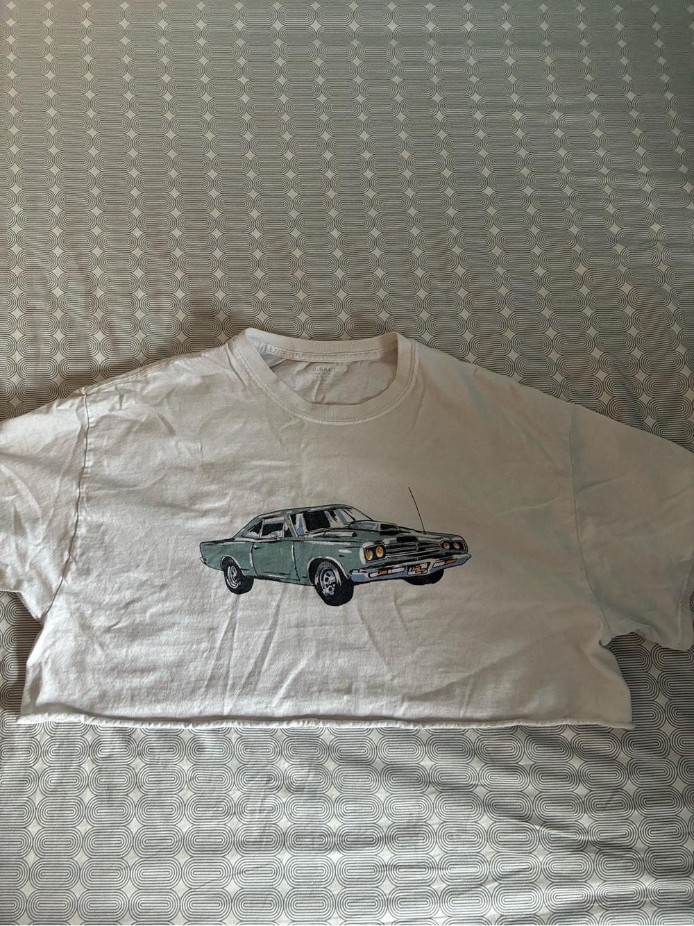 Brandy Melville White Crop Top with Green Vintage Car Graphic